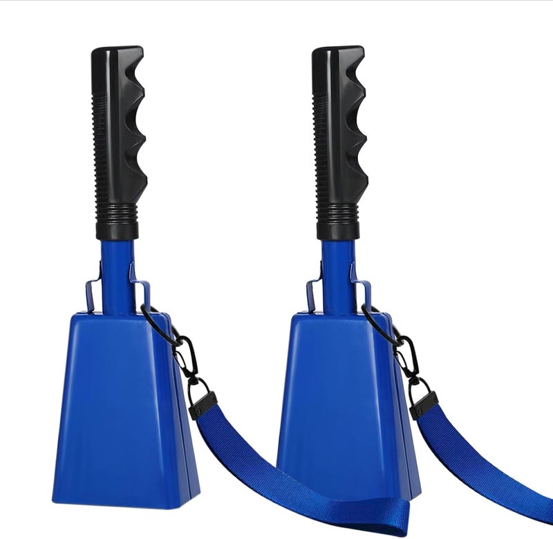 HEYLEAYAR 10Inch Cowbells with Handle for Sporting Events, 2Pcs Large Cow Bells with Wrist Straps, Loud Noise Makers for Cheering Football Games Spirit Marathon Weddings Party Noisemakers, Blue - Image 1